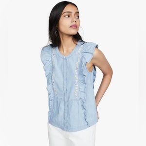 Madewell Floral Embroidered Denim Ruffle Top Large